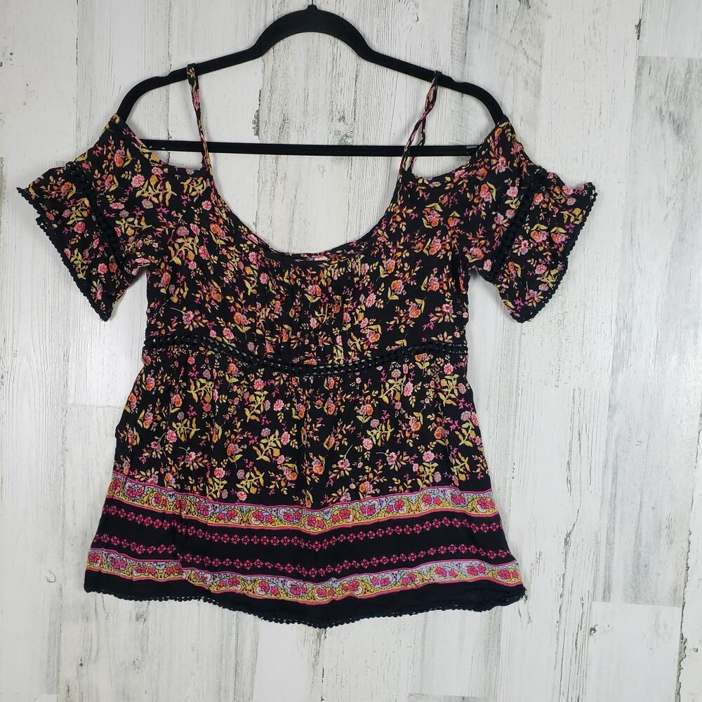 Alya Strappy Black Floral S/S Cold Shoulder Peasant Top Women's Size XS